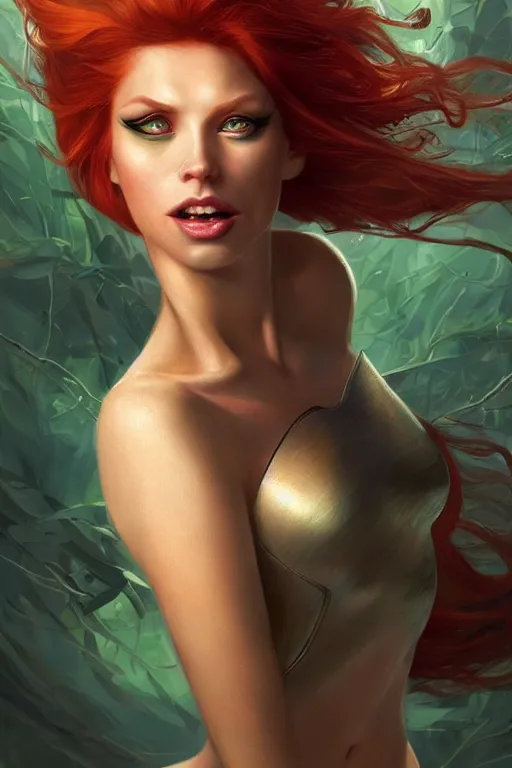 Image similar to Redhead alien human beautiful hybrid feminine woman with stunning green eyes, very in shape, round face and a roundish nose as a futuristic heroine, gorgeous digital painting, artstation, concept art, smooth, sharp focus, illustration, art by artgerm and donato giancola and Joseph Christian Leyendecker, Ross Tran, WLOP