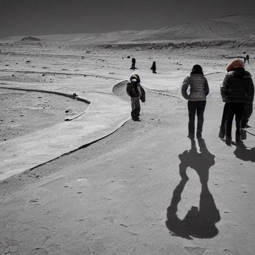 Image similar to moonwalker photo, lunar soil, people on the city street, a detailed photo of a future norilsk base, moon landscape, streetphoto