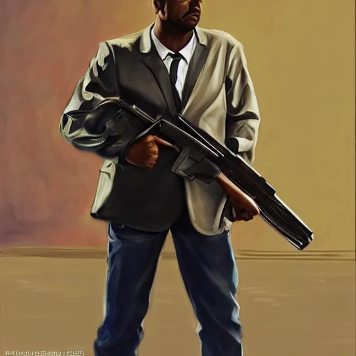 Image similar to a beautiful complex painting of cj from gta san holding a weapon