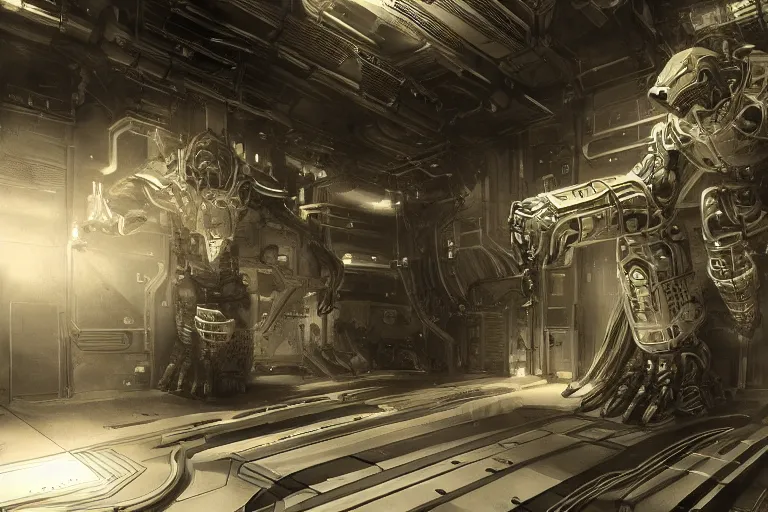 Image similar to parallax datacenter server room interior single mono colossus white rusty android robosaurus artstation cinematic detailed concept art volumetric light sharp coherent cgsociety symmetric perfect well balanced shadows lotr alien prometheus