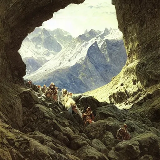 Image similar to carthaginians crossing the alps, alan lee