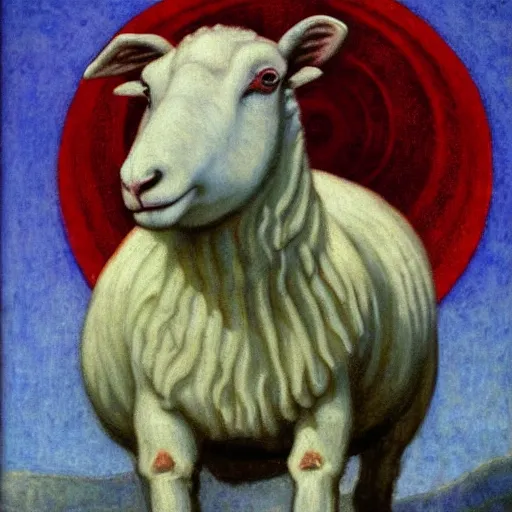 Prompt: A sheep with red whool an pointy vampire teeth by Annie Swynnerton and Nicholas Roerich and jean delville, strong dramatic cinematic lighting, smooth, sharp focus, extremely detailed