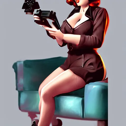 Image similar to a pin up woman playing a videogame, front view, digital art, photoshop, dark lighting, couch, control, artstation