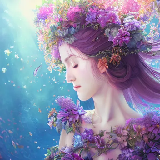 Image similar to Elven druid queen in a swirling sundress of flowers, underwater, floral explosion, radiant light, vortex of plum petals, by WLOP, Hasui Kawase and artgerm, artstation, deviantart