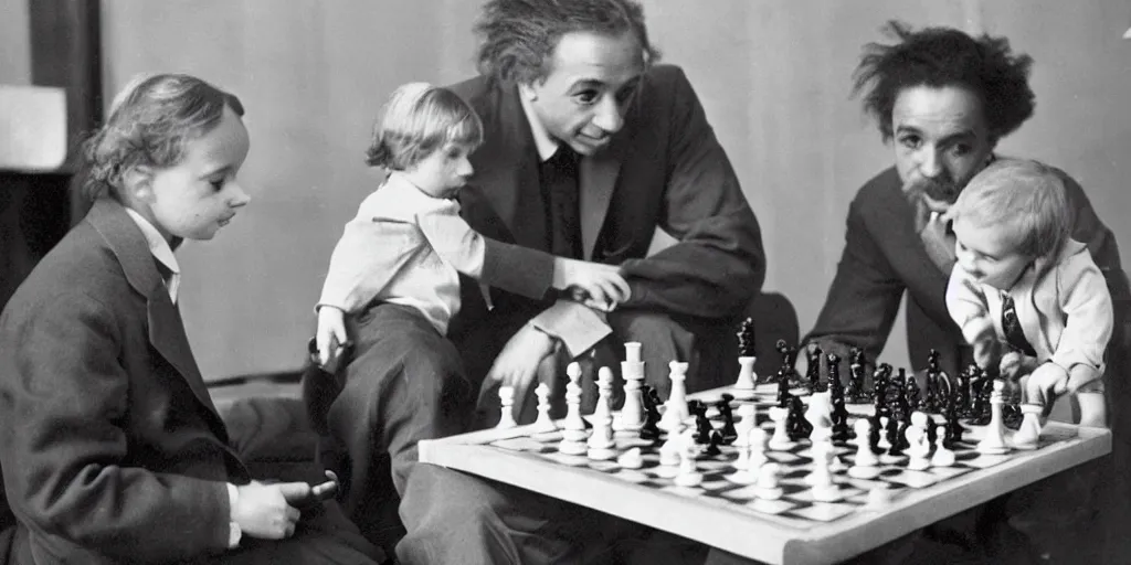 Prompt: a very smart baby playing chess with professor Albert Einstein