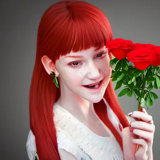 Prompt: portrait, cute teen girl with red hair dressed in white baby doll dress smiling, wearing natural makeup, holding a bouquet of roses in her hands, ultrarealistic, hyperrealism, cinematic, intricate detail, 3D rendered, photo realistic, clean detail, octane rendering, vray, unreal engine 5, 8k