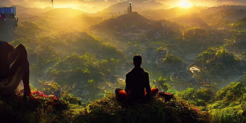 Image similar to a cinematic composition depicting : a computer run solarpunk civilization encroaching on a degrading cyberpunk world, on top of the mountain a man sits in a lotus pose overlooking a hopeful and lush foresty solarpunk valley at sunrise