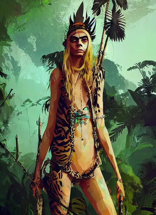 Image similar to cara delevingne as jungle queen, by ismail inceoglu