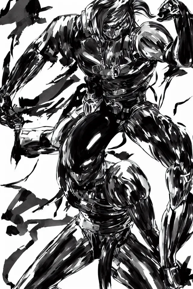 Image similar to a full - body portrait of cyborg ninja oda nobunaga, in yoji shinkawa's art style, metal gear solid art style, highly detailed, 4 k, artistic, white background, b & w