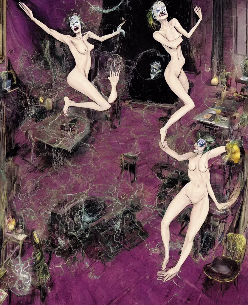 Image similar to Realistic detailed image of one woman sirene bouncing in a living room of a house, floating dark energy surrounds the middle of the room. There is one living room plant to the side of the room, surrounded by a background of dark cyber mystic alchemical transmutation heavenless realm, cover artwork by francis bacon and Jenny seville, midnight hour, part by adrian ghenie, part by jeffrey smith, part by josan gonzales, part by norman rockwell, part by phil hale, part by kim dorland, artstation, highly detailed