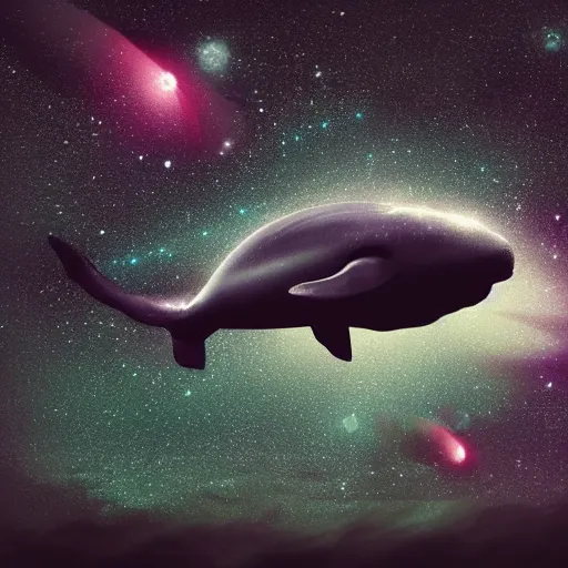 Image similar to portrait of space whale swimming on a dark night sky in space, flying across the universe, oniric, dreamy, beautiful, highly detailed, realistic, cinematic, dynamic composition