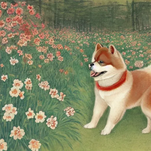 Prompt: a female akita inu wearing a kimono, in a field of flowers, painting in the style of warwick goble