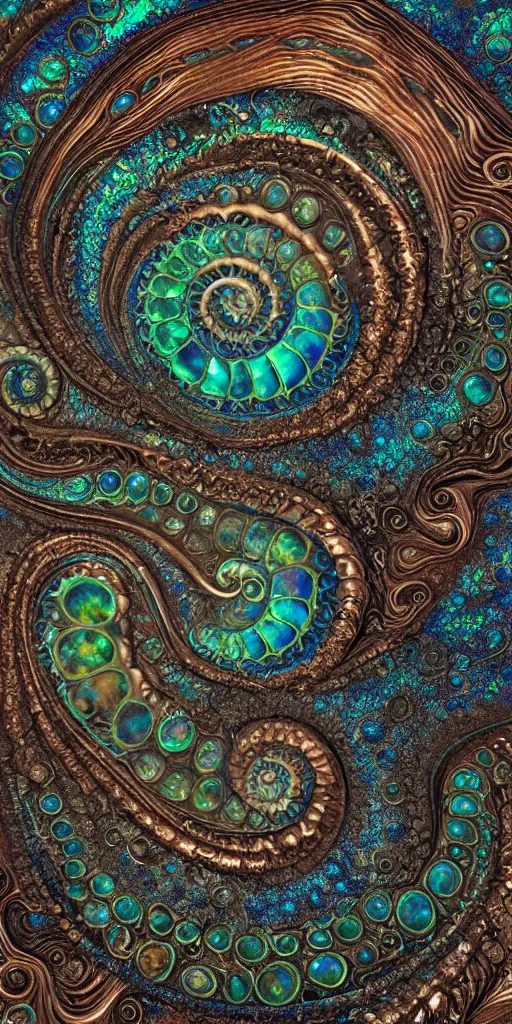 Image similar to art nouveau cresting oil slick waves, ammonite, hyperdetailed bubbles in a shiny iridescent oil slick wave, black opals, ornate copper patina spiral ornament, rococo, organic rippling spirals, hyperdetailed photorealistic ultrasharp octane render