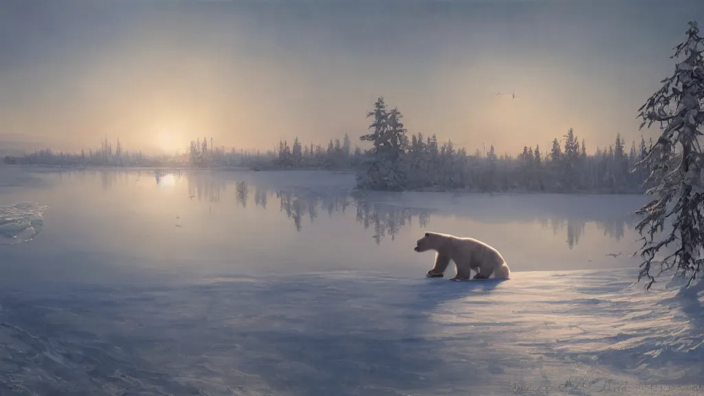 Image similar to the most beautiful panoramic landscape, oil painting, where a giant dreamy lake is frozen, a giant polar bear is exhaling steam while walking over the frozen lake, the frozen lake is reflecting the giant polar bear and the ray lights of the sunrise are brightening him, by greg rutkowski