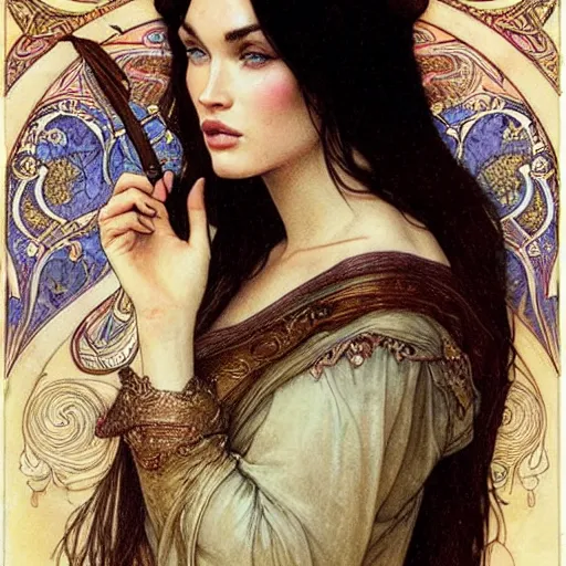 Image similar to Megan Fox, Alfons Maria Mucha