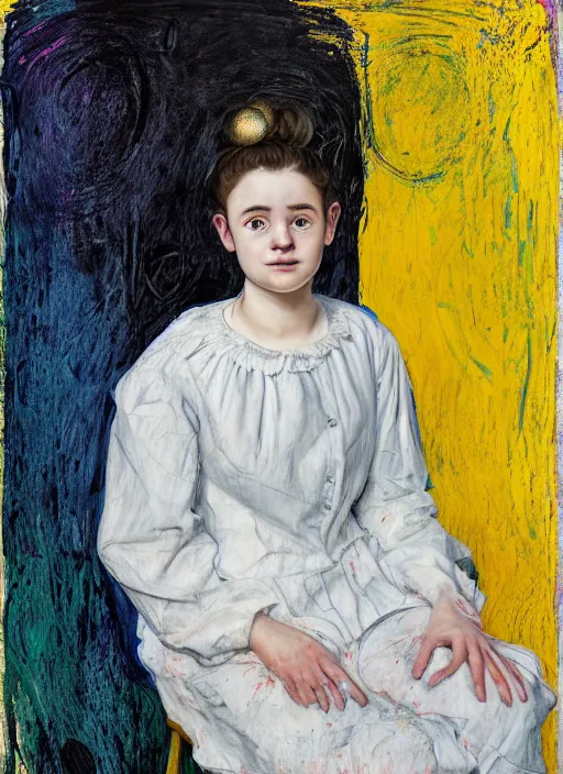 Prompt: portrait of a 1 5 year old girl jester sitting on a stool, by vincent lefevre and hernan bas and pat steir and hilma af klint, psychological, photorealistic, symmetrical face, dripping paint, washy brush, threads, rendered in octane, altermodern, masterpiece