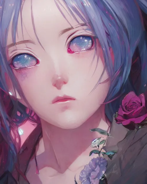 Image similar to blue eyed pink haired anime girl, roses everywhere, highly detailed, digital painting, artstation, concept art, smooth, sharp focus, illustration, art by artgerm and greg rutkowski and alphonse mucha