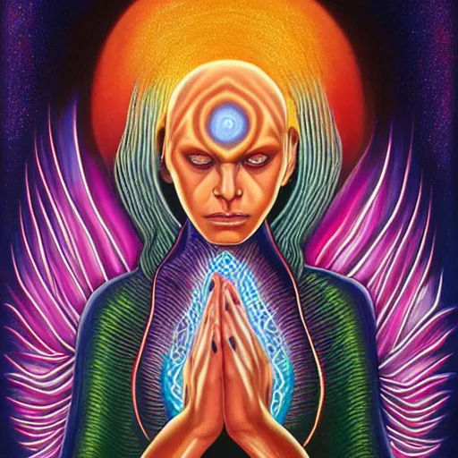 Prompt: a painting of lex from paladins praying designed by alex grey, flooko, etheral, detailed, glows,