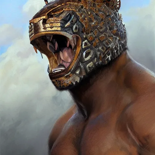 Image similar to Buff wrestler wearing a jaguar mask, character portrait art by Donato Giancola, Craig Mullins, digital art, trending on artstation