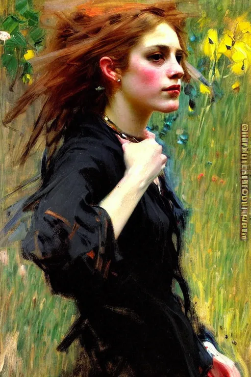Image similar to impressionist brushstrokes!!!! solomon joseph solomon and richard schmid and jeremy lipking victorian loose genre loose painting full length portrait painting of a young beautiful woman punk rocker
