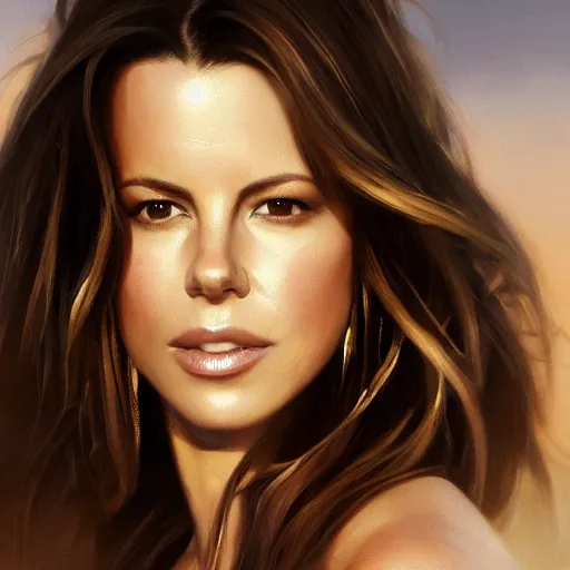 Image similar to closeup portrait of a kate beckinsale, seductive smile, chiaroscuro, city background, golden hour, dramatic lighting, complementary contrast, high detail, painted by greg rutkowski, painted by igor kieryluk, trending on artstation