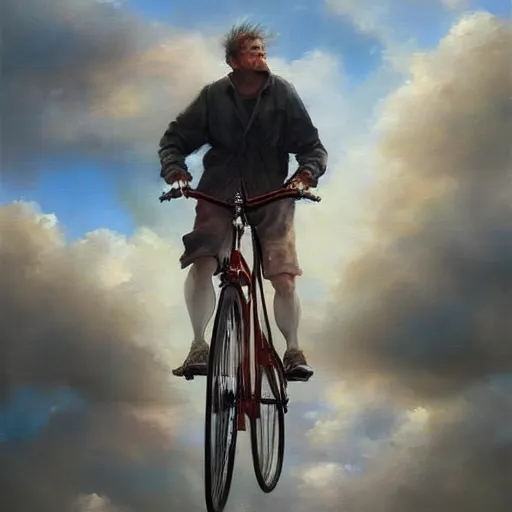 Image similar to A man riding his bicycle through the clouds in the sky, evokes feelings of wonder and amazement, an expressive oil painting by Krenz Cushart