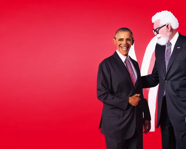 Prompt: Obama giving Colonel Sanders from KFC a handshake, photograph, red background with white stripes, 8k, commercial lighting, professional lighting