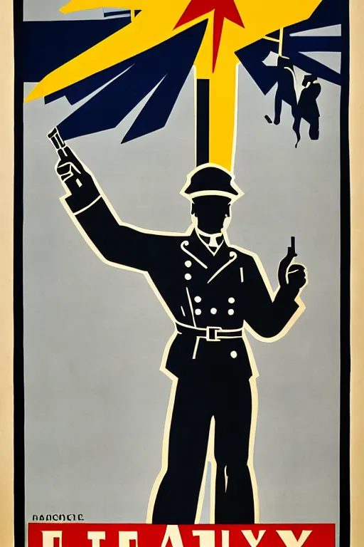 Image similar to fictional propaganda poster showing a man pointing to the left with artillery cannons behind him, artillery battery, highly stylized, high contrast, limited palette, 1 9 2 0 s