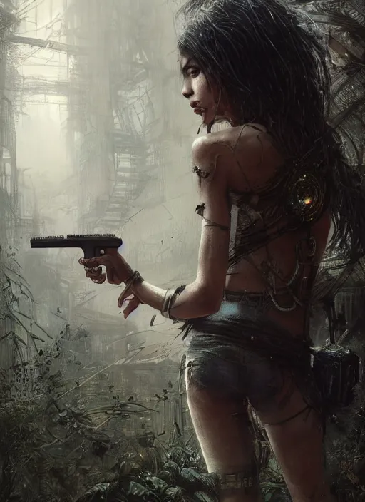 Prompt: young very beautiful cute tribal woman with a futuristic gun, in a post apocalyptic city overgrown with lush vegetation, by Luis Royo, by Greg Rutkowski, dark, gritty, intricate, volumetric lighting, volumetric atmosphere, concept art, cover illustration, octane render, trending on artstation, 8k