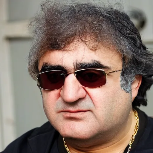 Image similar to jafar panahi mixed with john belushi and gordon brown, clean shaven, wearing an umbro sports tracksuit and gold necklace with large star shaped intricate gold medallion