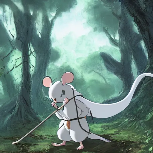 Prompt: an adventurous anthropomorphic white mouse wearing medieval clothing walking through a lush forest, cinematic, concept art, studio ghibli, brain froud