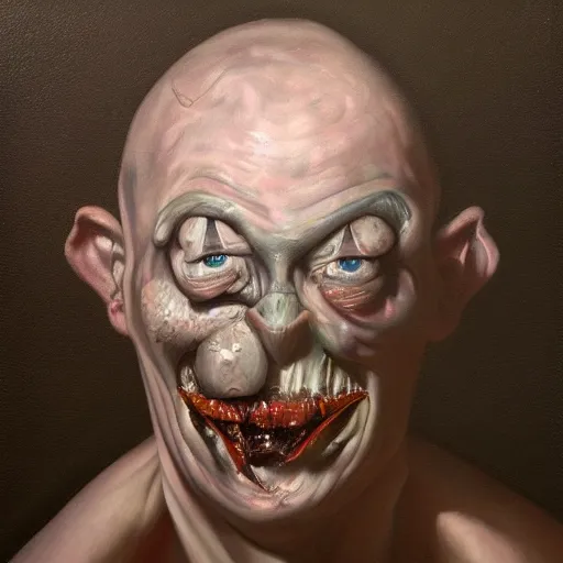 Image similar to Oil painting by Christian Rex Van Minnen of a portrait of an extremely bizarre disturbing mutated man with intense chiaroscuro lighting perfect composition