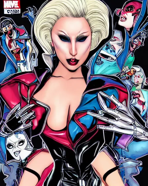 Prompt: comic book cover of lady gaga harley queen, graphic art, rgba, pinterest, dynamic character, highly character details, concept art, highly ultra - realistic, intricate details, highly detailed, reduce character duplication, reduce character image stackin, in the style of alex ross, don lawrence's, takehiko inoue, tite kubo, and akira hiramoto