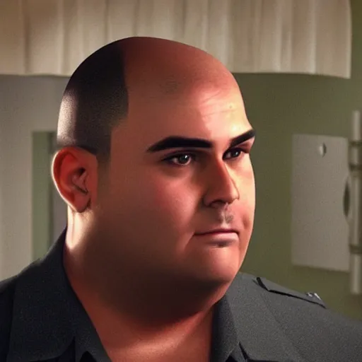 Image similar to A tubby looking male detective with shaven cheeks and prominent chocolate colored eyebrows. He has a tiny moustache. His head has been plucked clean of hairs, leaving the top of his head bald and shiny.