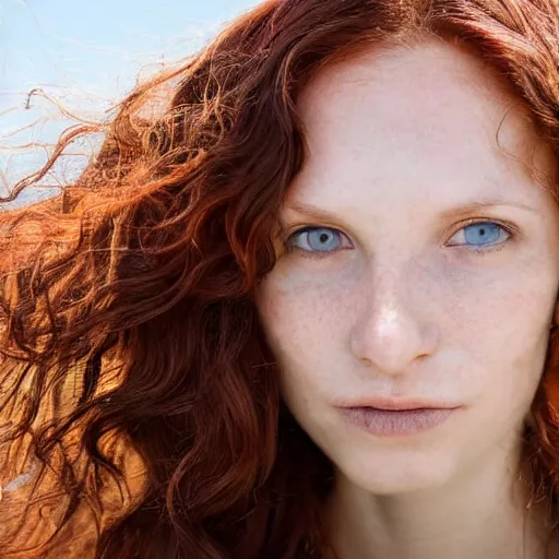 Image similar to close up portrait photograph of a thin young redhead woman with russian descent, sunbathed skin, with deep blue eyes. Wavy long maroon colored hair. she looks directly at the camera. Slightly open mouth, with a park visible in the background. 55mm nikon. Intricate. Very detailed 8k texture. Sharp. Cinematic post-processing. Award winning portrait photography. Sharp eyes.