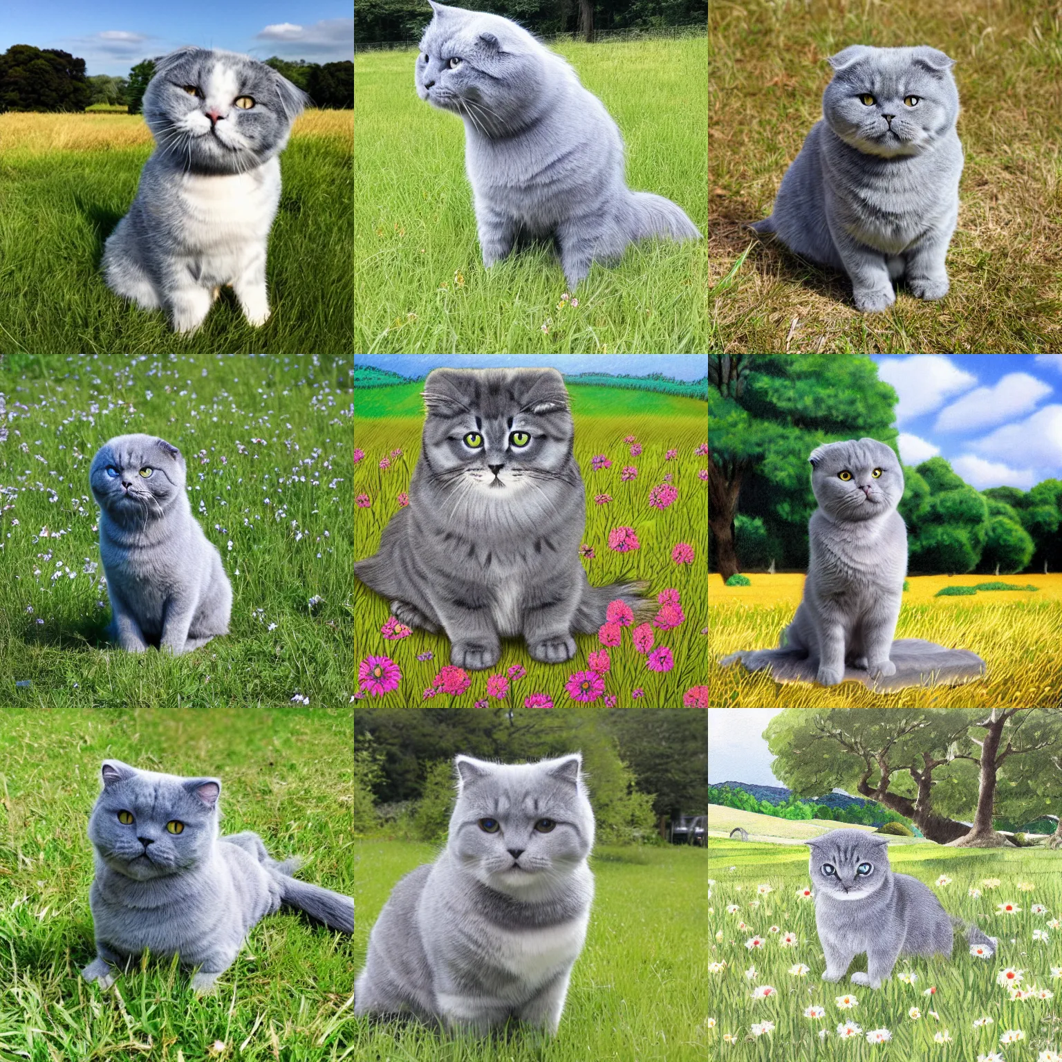 Prompt: a gray scottish fold sitting in the middle of sunny meadow, colored, by hiromu arakawa