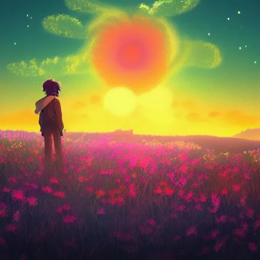 Prompt: astral flower sunrise meadow, retro art illustration in the style of makoto shinkai and leiji matsumoto