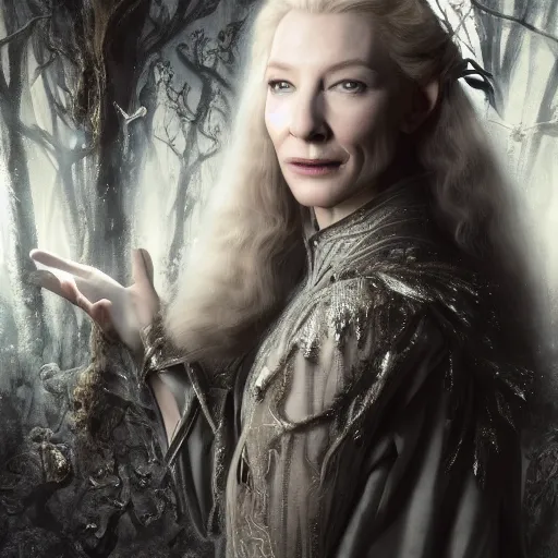 Prompt: portrait of mischievous, dangerous Cate Blanchett's young Galadriel as a queen of elves, dressed in a refined silvery garment. The background is a dark, chilling eastern europen forrest. night, horroristic shadows, higher contrasts, (((lumnious))), theatrical, character concept art by ruan jia, thomas kinkade, and J.Dickenson, trending on Pinterest
