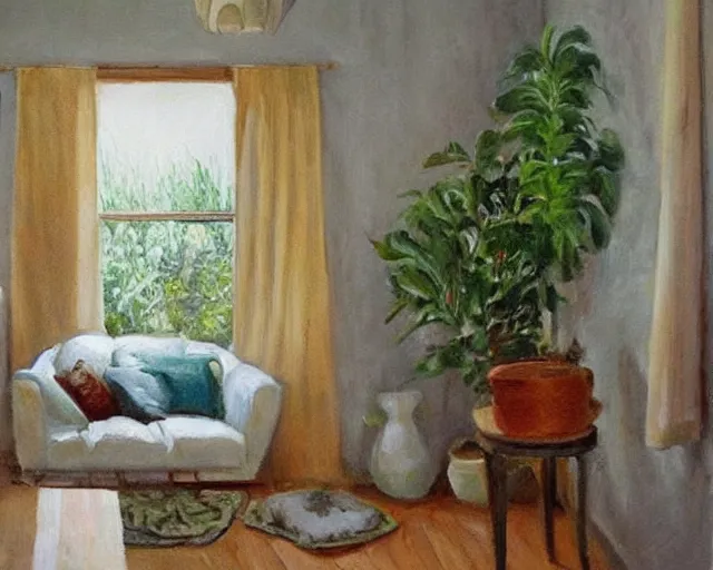 Image similar to A warm painting of a room interior, calm, relaxing, cosy, warm light, warm color scheme, houseplants, fresh flowers, oil on canvas