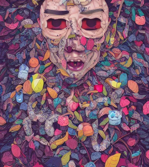 Prompt: portrait, nightmare anomalies, leaves with a lot of candies by miyazaki, violet and pink and white palette, illustration, kenneth blom, mental alchemy, james jean, pablo amaringo, naudline pierre, contemporary art, hyper detailed