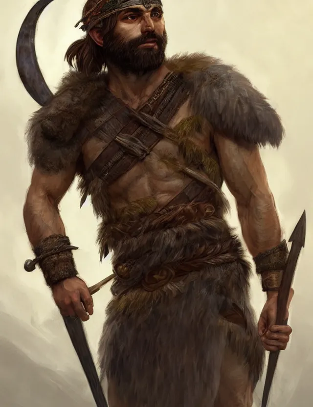 Image similar to full body portrait of a gruff ranger with a spear, wolf pelt on his head, muscular, handsome face, hairy body, D&D, fantasy, intricate, elegant, highly detailed, digital painting, artstation, concept art, matte, sharp focus, illustration, art by Artgerm and Greg Rutkowski and Alphonse Mucha