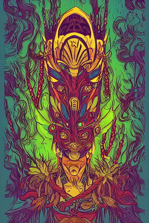 Image similar to animal mask totem roots flower tribal feather gemstone plant wood rock shaman vodoo video game vector cutout illustration vivid multicolor borderlands comics by josan gonzales and dan mumford radiating a glowing aura