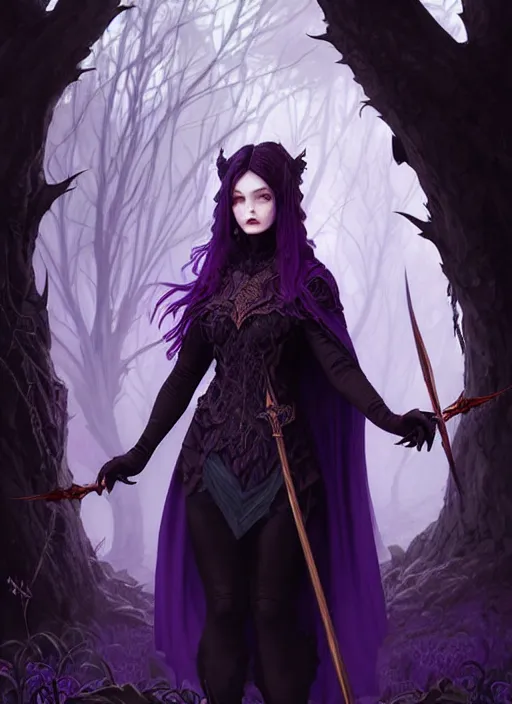 Image similar to portrait dark witch, adventurer outfit large cloak, fantasy forest landscape, dragon scales, fantasy magic, undercut hairstyle, short purple black fade hair, dark light night, intricate, elegant, sharp focus, illustration, highly detailed, digital painting, concept art, matte, art by wlop and artgerm and greg rutkowski and alphonse mucha, masterpiece