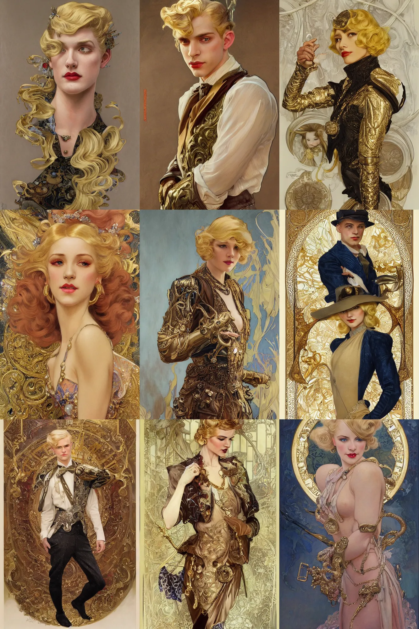 Prompt: beautiful young duke, blonde hair, gold, 1 9 2 0 s fashion, fantasy, highly detailed, intricate, artstation, digital paining, character concept art, art by joseph leyendecker, donato giancola, dean cornwell, ruan jia, ayami kojima, alphonse mucha, cedric peyravernay, tom bagshaw