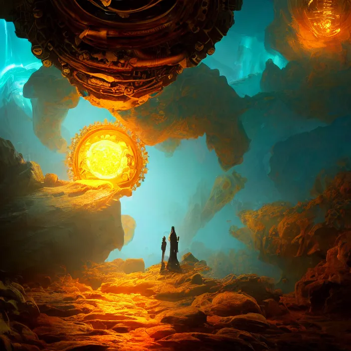 Image similar to a flower the whole within infinite capsule apparent with awe the apparition, an idea seep's into infinity highly detailed in volumetric latent space, golden turquoise steampunk, high contrast cinematic light, mystical shadows, sharp focus, divine realm of gods, octane render, artist by greg rutkowski,