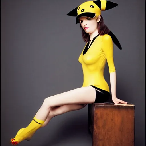 Image similar to elegant woman dressed up as pikachu, wearing stockings, modern photo by Annie Liebovitz