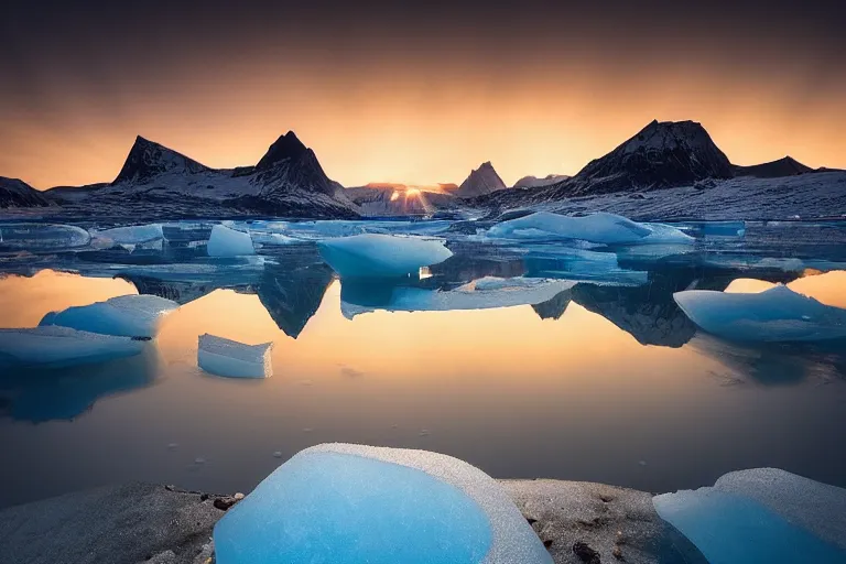 Image similar to moody landscape photography by marc adamus, greenland, sunset, ice