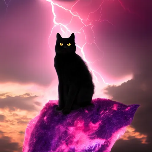 Prompt: a photo of black fluffy cat, riding on top of a big purple dragon in an electrical storm, ultrarealistic, highly detailed, 4 k