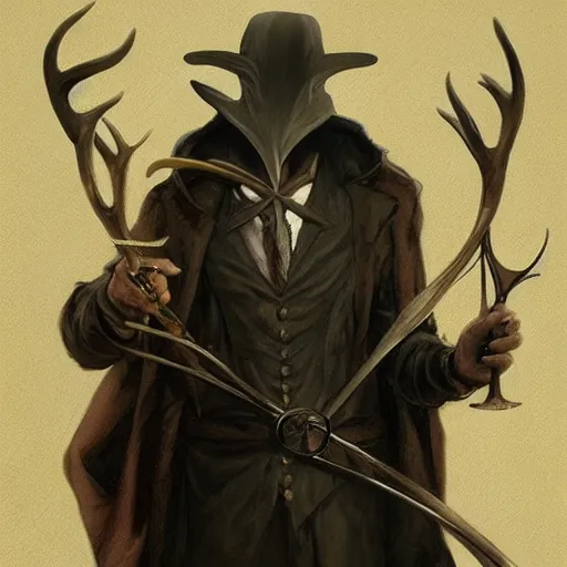 Prompt: ! dream a plague doctor hunting with a bow, with antlers on his head, deep focus, intricate, elegant, highly detailed, digital painting, artstation, concept art, matte, sharp focus, illustration, art by artgerm and greg rutkowski and alphonse mucha