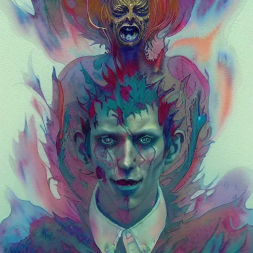 Prompt: watercolor spiritual horror lsd art in muted colors, disturbing grunge still of a lovecraftian demon infested guy flirting with you, by arthur adams, by tom bagshaw, by henry asencio, by kikuchi hideyuki